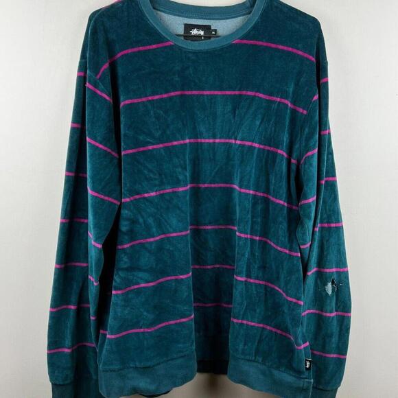 Other - Vintage Stussy Velour Striped Pullover Sweatshirt Adult Size XL